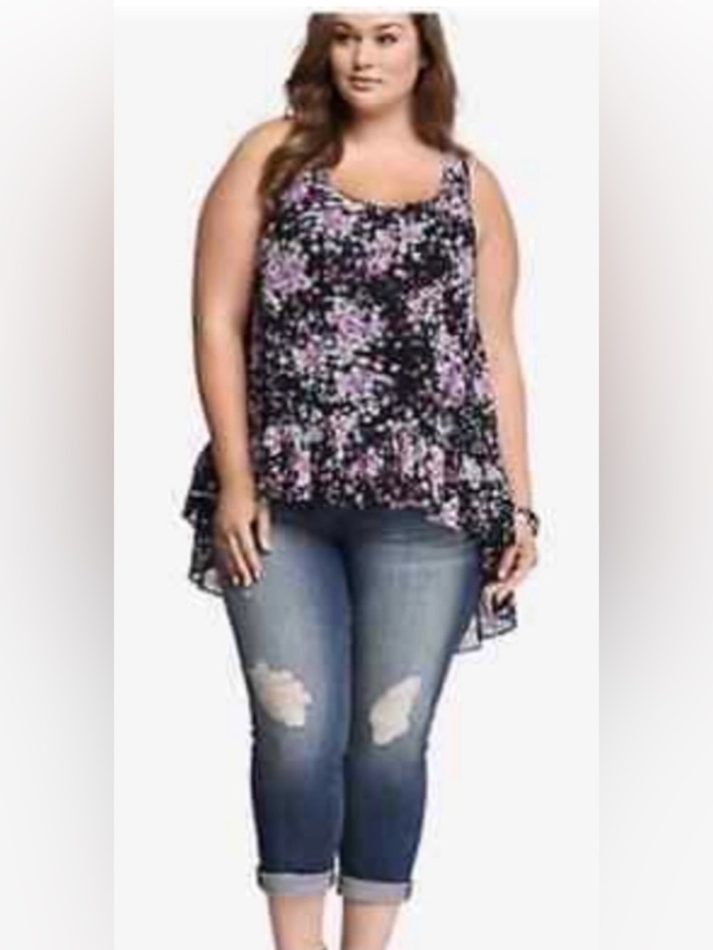 Torrid Black Sheer Hi-Lo Print Shirt with Pink and Blue Floral Pattern